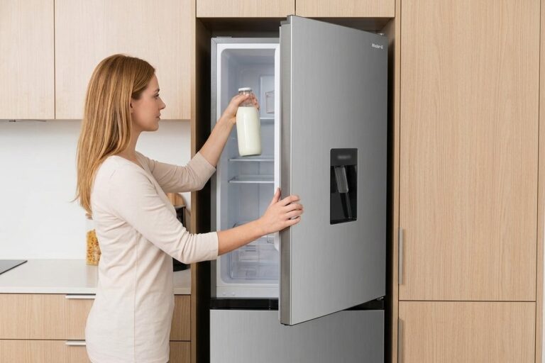 Mujer sacando leche de un refrigerador bottom freezer Master-G, con el refrigerador a la altura de los ojos
