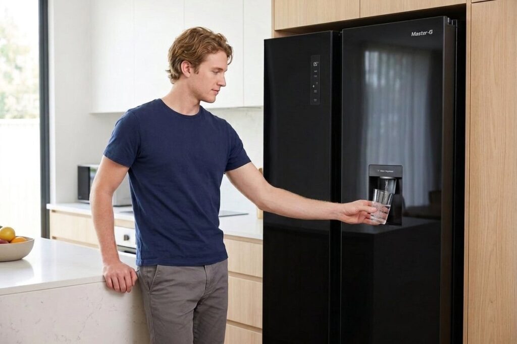 Joven sirviéndose agua del dispensador de un refrigerador side by side inverter Master-G