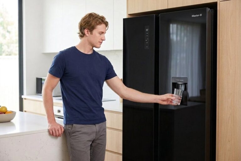 Joven sirviéndose agua del dispensador de un refrigerador side by side inverter Master-G